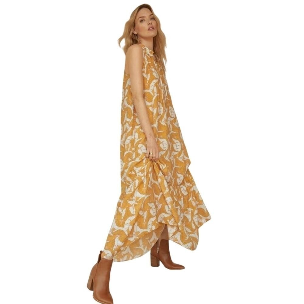 Nine West Dress L Mustard Yellow Leaf Print Halter‎ Sleeveless Maxi Boho Tiered
